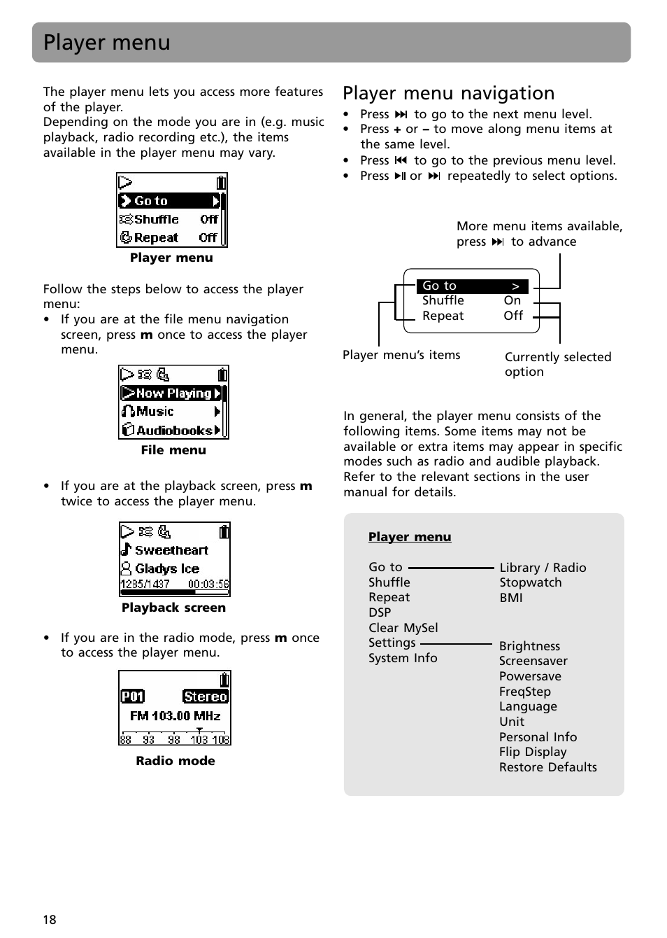 Player menu, Player menu navigation | RCA SC2001 User Manual | Page 18 / 32