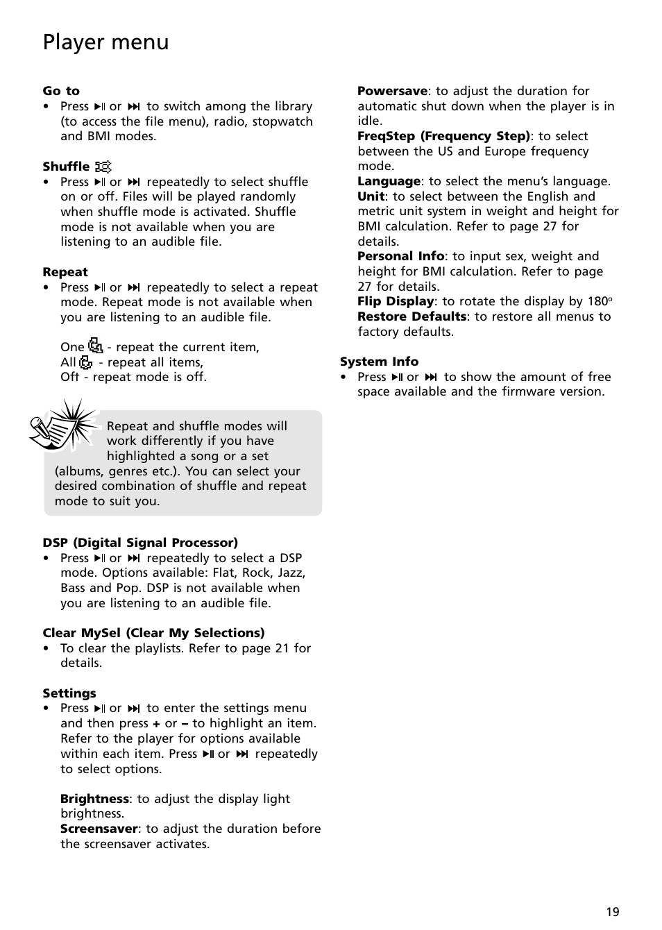 Player menu | RCA SC2001 User Manual | Page 19 / 32