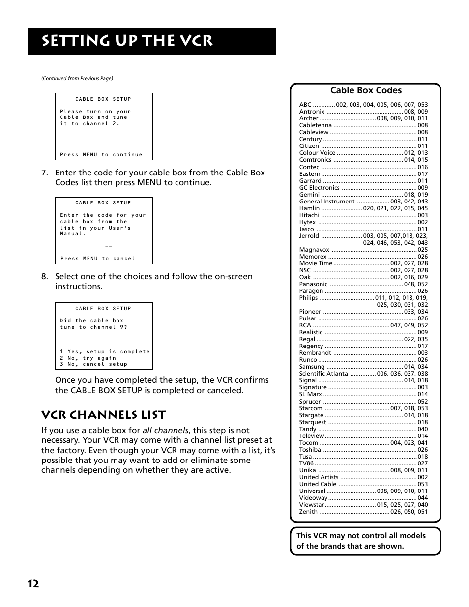 Vcr channels list, Setting up the vcr, Cable box codes | RCA RCA User Manual | Page 14 / 88