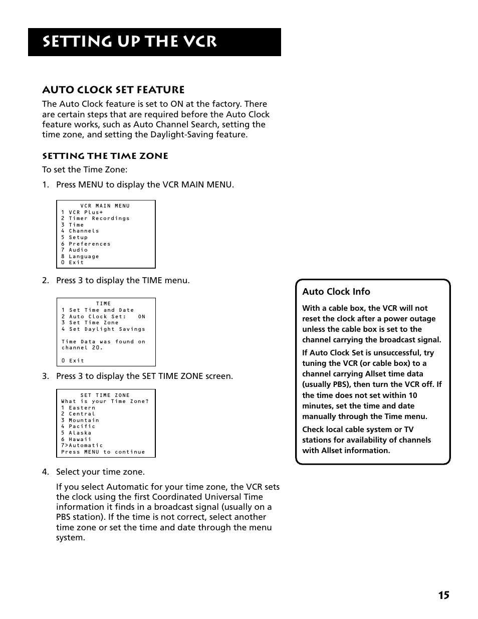 Auto clock set feature, Setting the time zone, Setting up the vcr | RCA RCA User Manual | Page 17 / 88