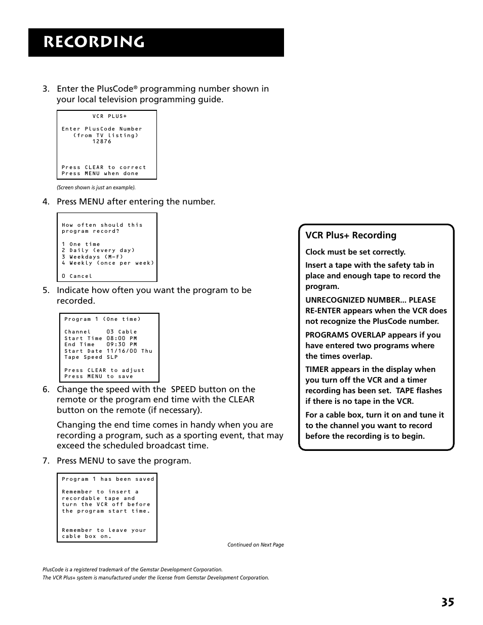 Recording, Vcr plus+ recording | RCA RCA User Manual | Page 37 / 88