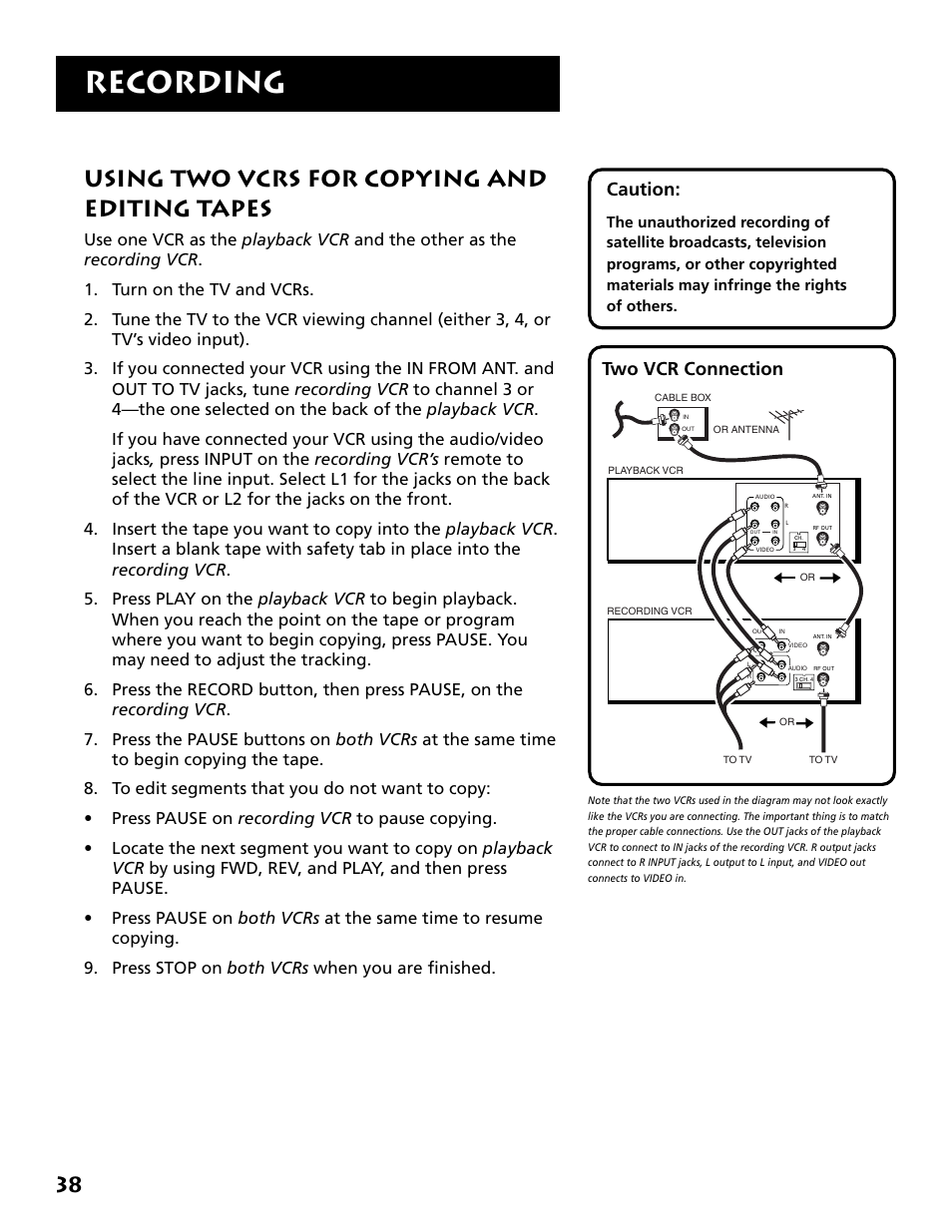 Using two vcrs for copying and editing tapes, Recording, Caution | Two vcr connection | RCA RCA User Manual | Page 40 / 88