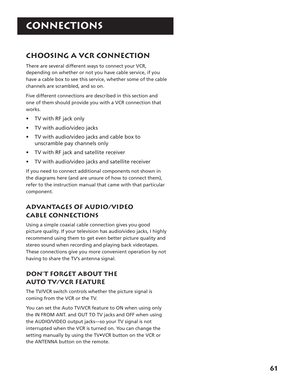 Choosing a vcr connection, Advantages of audio/video cable connections, Don’t forget about the auto tv/vcr feature | Connections | RCA RCA User Manual | Page 63 / 88