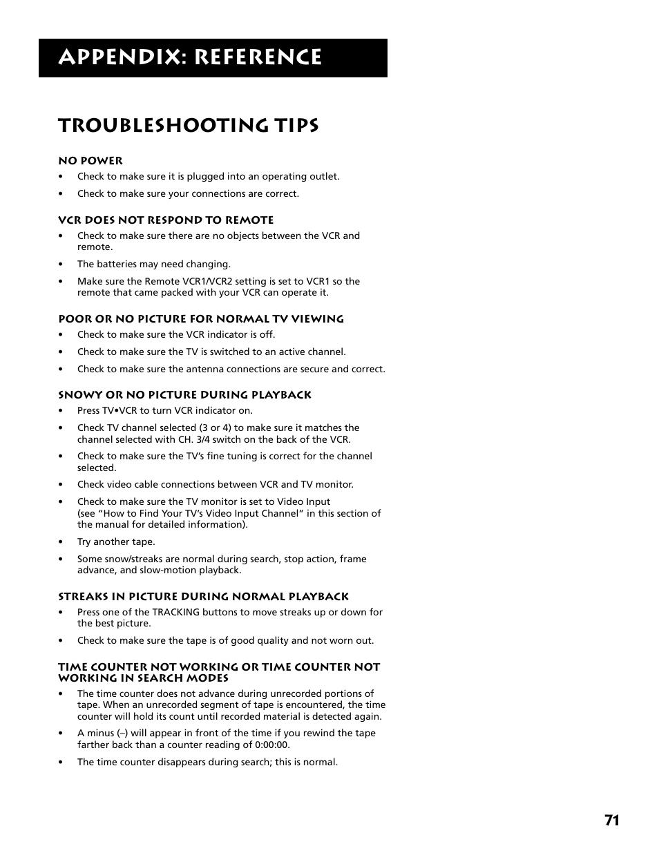 Troubleshooting tips, Appendix: reference | RCA RCA User Manual | Page 73 / 88