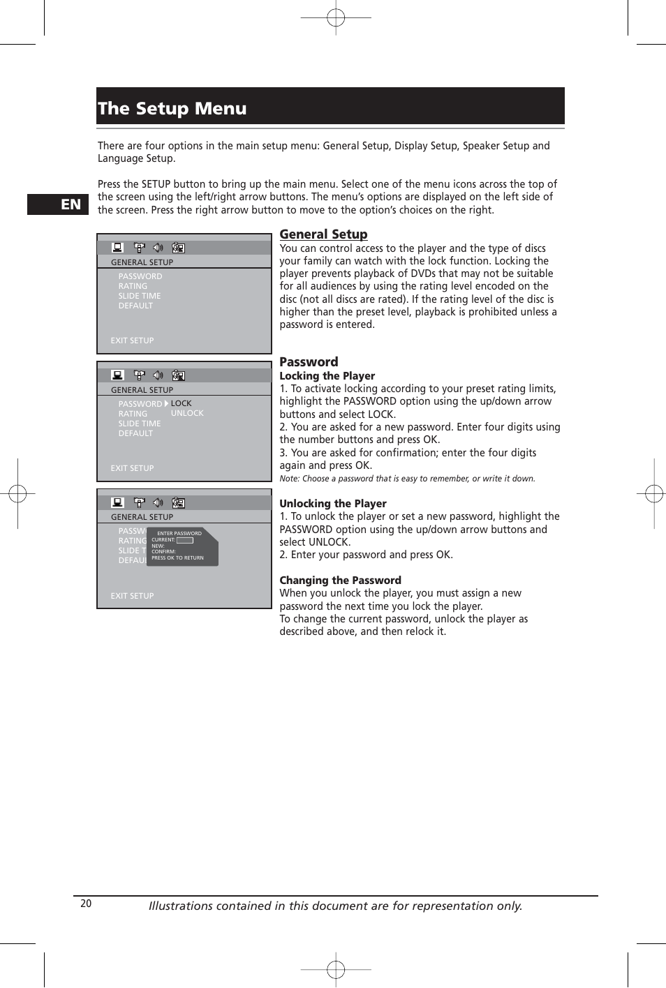 The setup menu, General setup, Password | RCA RTD206 User Manual | Page 22 / 32
