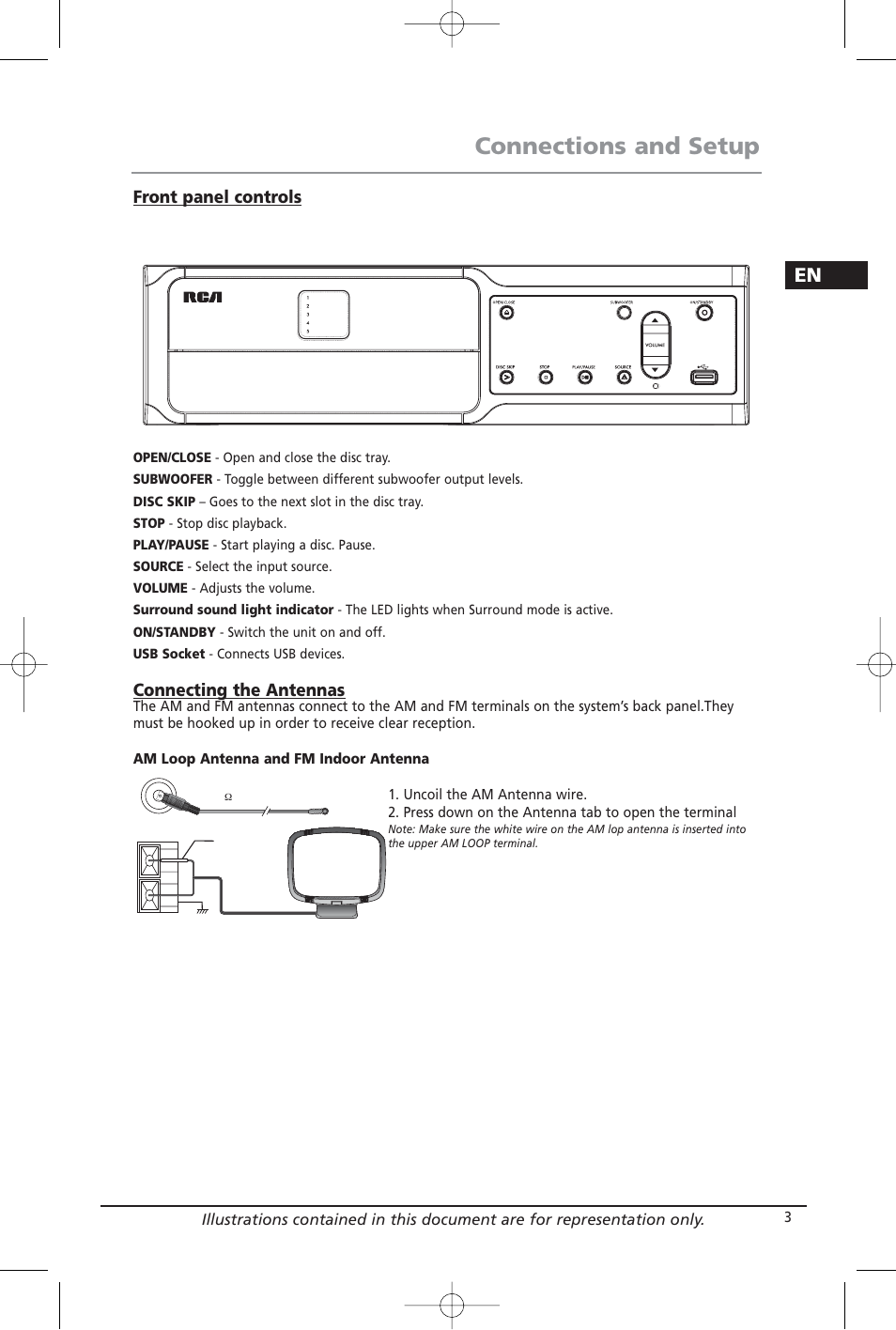 Connections and setup, Front panel controls, Connecting the antennas | RCA RTD206 User Manual | Page 5 / 32