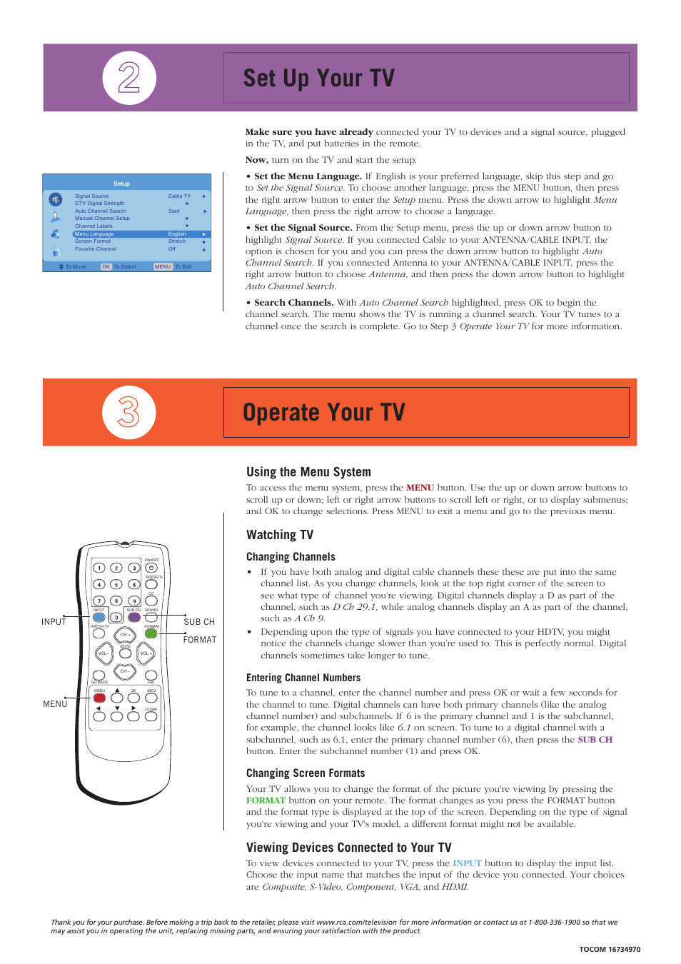 Set up your tv operate your tv, Using the menu system, Watching tv | Viewing devices connected to your tv, Changing channels, Changing screen formats, Entering channel numbers | RCA L19WD20 User Manual | Page 2 / 2