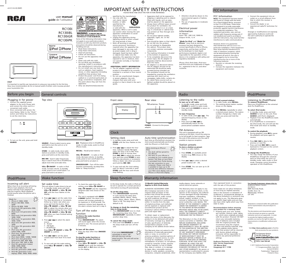 Important safety instructions, Sleep function, Warranty information | Fcc information | RCA RC130IPK User Manual | Page 2 / 3