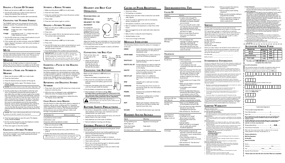 Id n, Emory, Eadset | Peration, Hanging, Attery, Afety, Recautions, Eneral, Roduct | RCA 27930/31 User Manual | Page 2 / 2