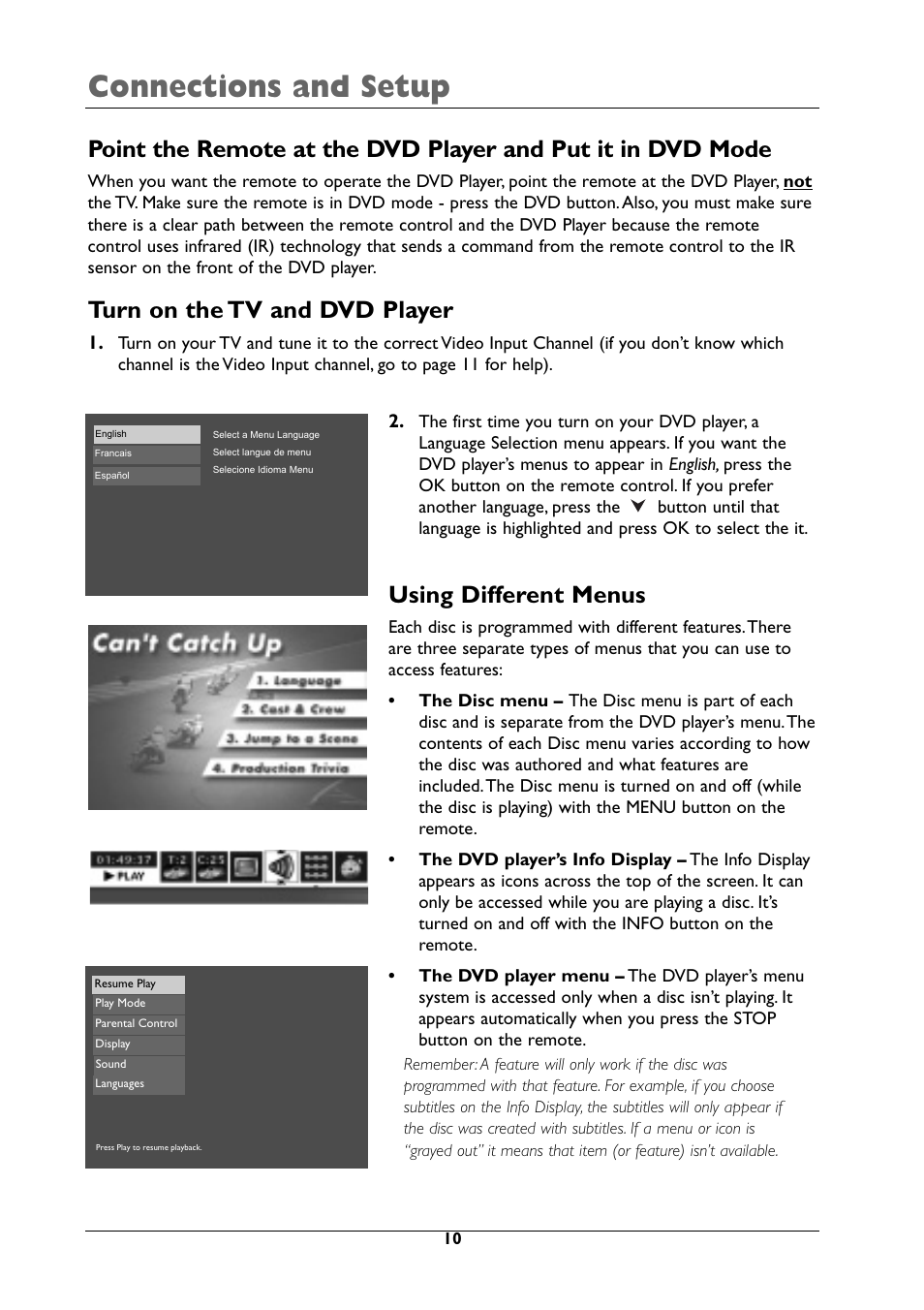 Connections and setup, Using different menus, Turn on the tv and dvd player | RCA DRC105N User Manual | Page 10 / 40