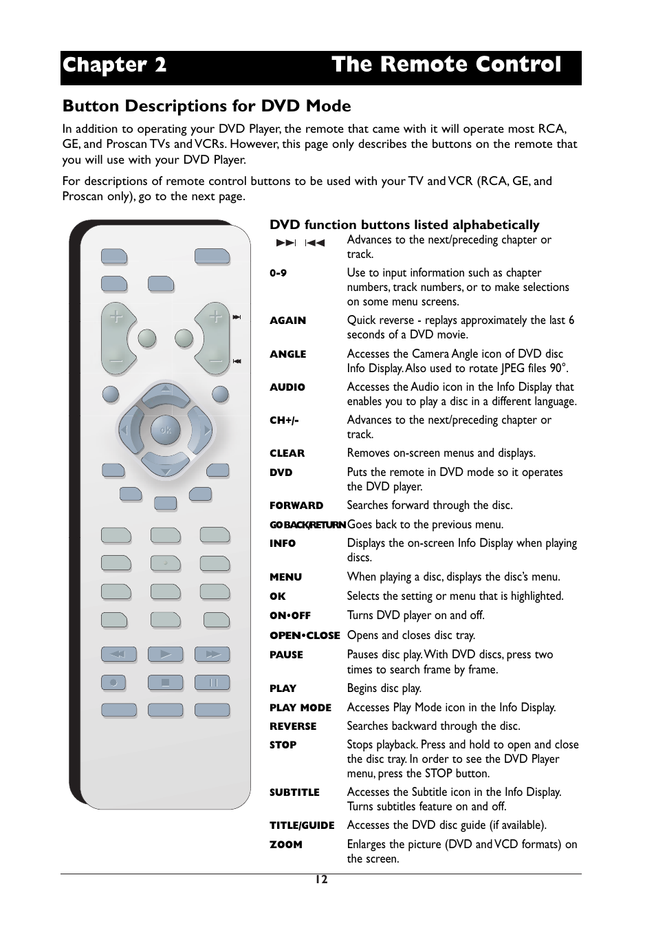 The remote control, Chapter 2, Button descriptions for dvd mode | Dvd function buttons listed alphabetically, Advances to the next/preceding chapter or track, Removes on-screen menus and displays, Searches forward through the disc, Goes back to the previous menu, When playing a disc, displays the disc’s menu, Selects the setting or menu that is highlighted | RCA DRC105N User Manual | Page 12 / 40