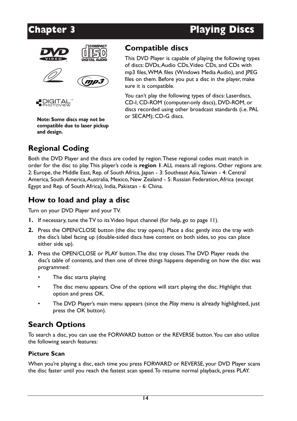 Playing discs, Chapter 3, Regional coding | How to load and play a disc, Search options, Compatible discs | RCA DRC105N User Manual | Page 14 / 40