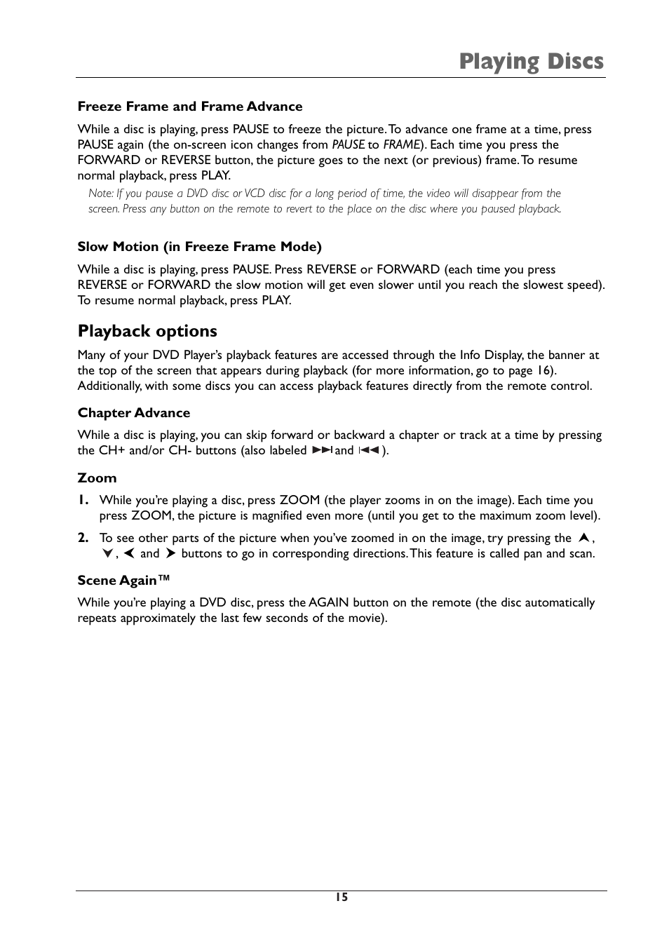 Playing discs, Playback options | RCA DRC105N User Manual | Page 15 / 40