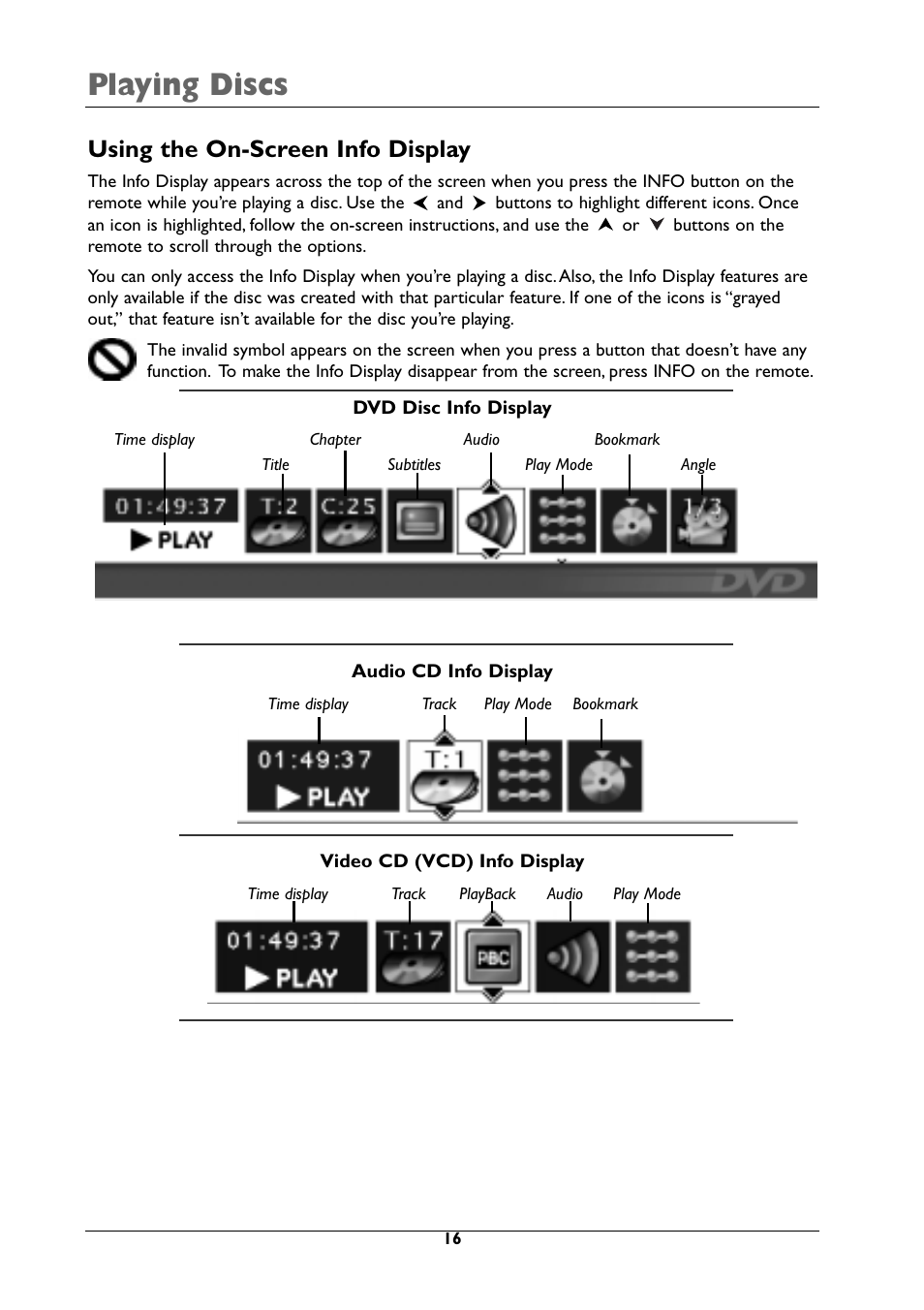 Playing discs, Using the on-screen info display | RCA DRC105N User Manual | Page 16 / 40