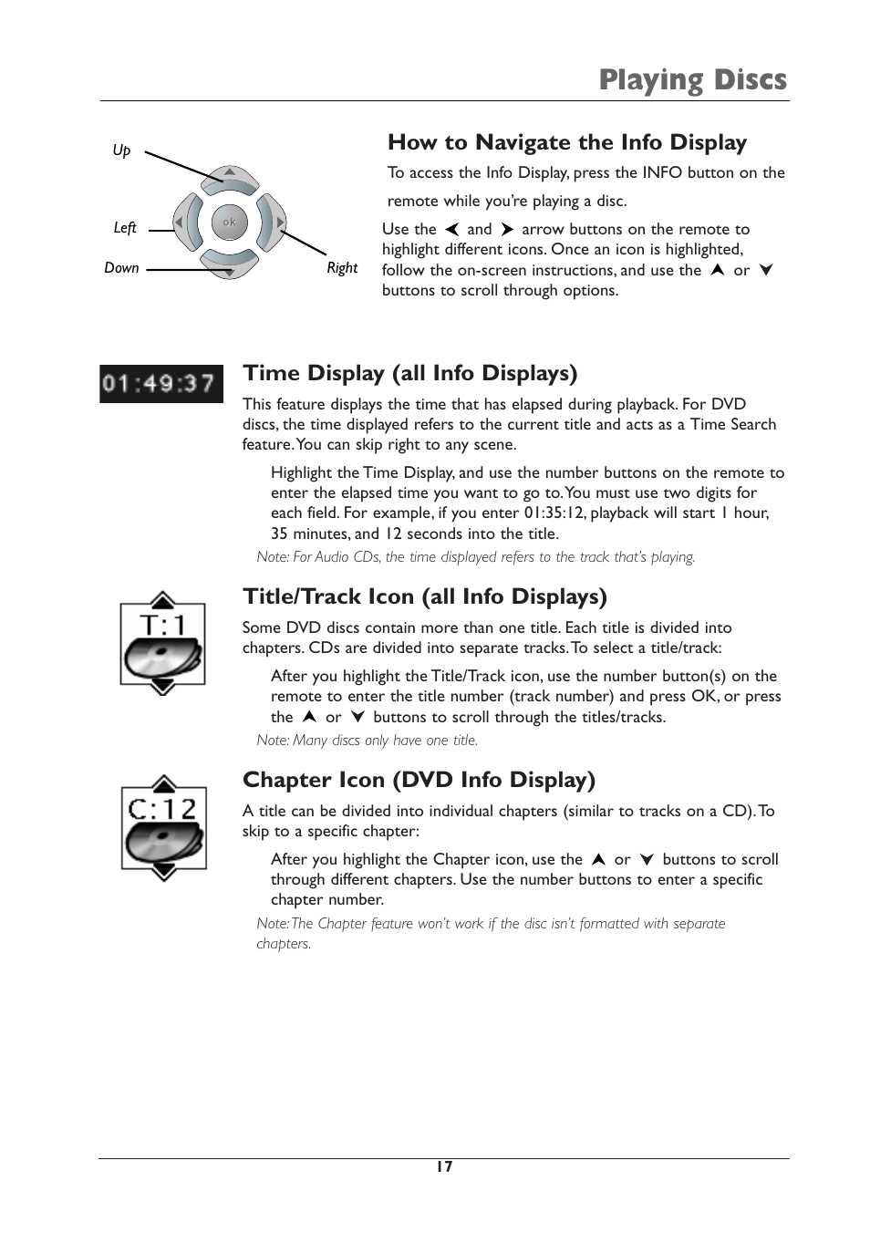 Playing discs, How to navigate the info display, Time display (all info displays) | Title/track icon (all info displays), Chapter icon (dvd info display) | RCA DRC105N User Manual | Page 17 / 40