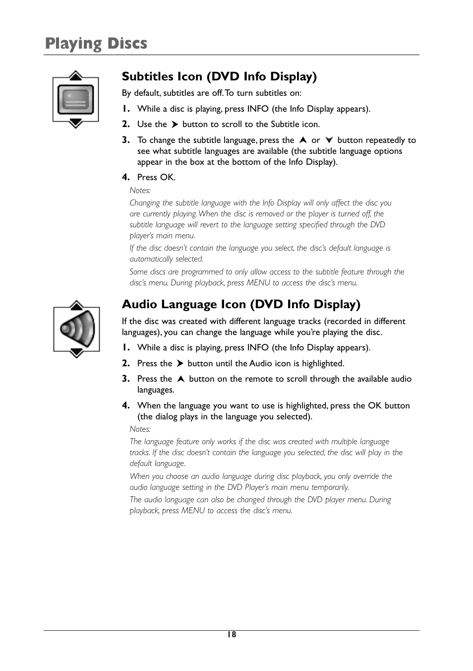 Playing discs, Subtitles icon (dvd info display), Audio language icon (dvd info display) | RCA DRC105N User Manual | Page 18 / 40