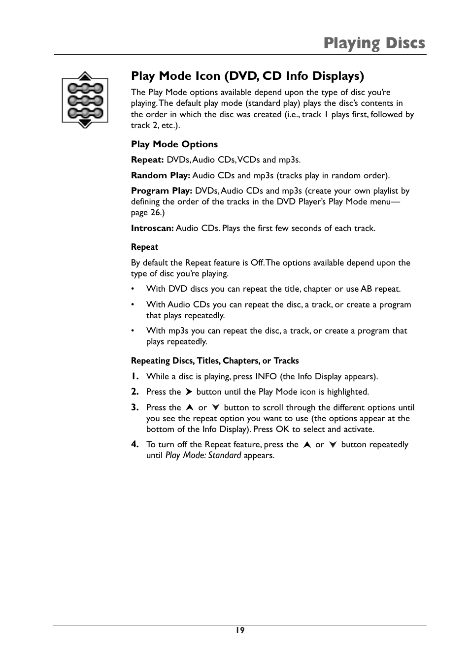 Playing discs, Play mode icon (dvd, cd info displays) | RCA DRC105N User Manual | Page 19 / 40