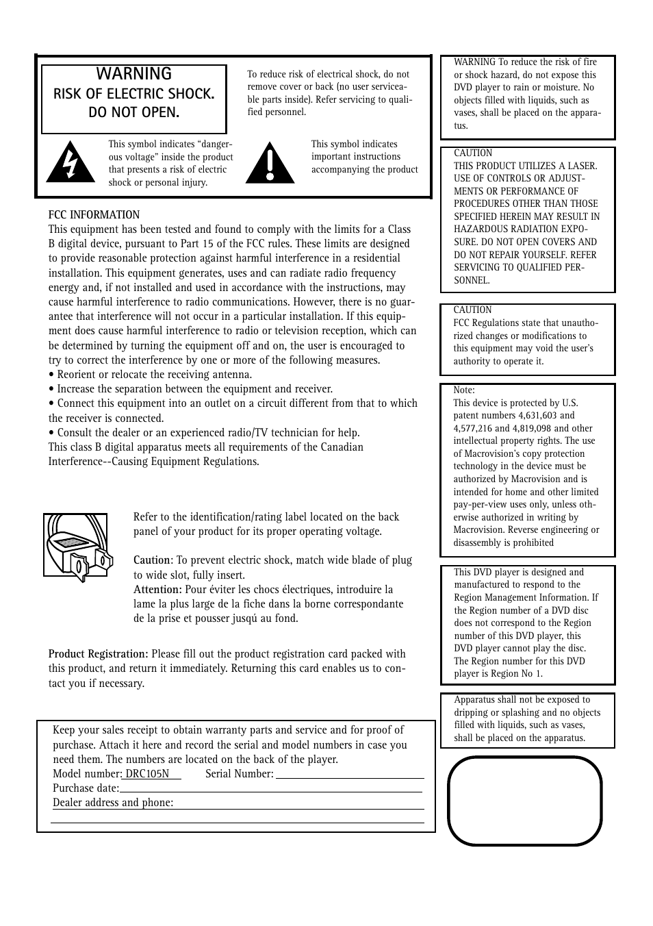 Class 1 laser product, Warning | RCA DRC105N User Manual | Page 2 / 40