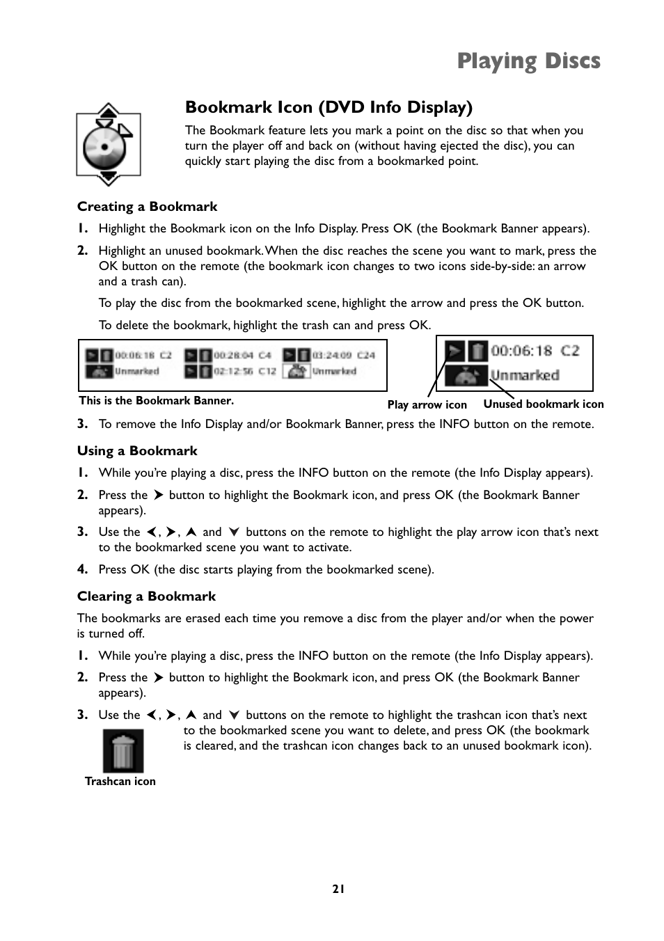 Playing discs, Bookmark icon (dvd info display) | RCA DRC105N User Manual | Page 21 / 40