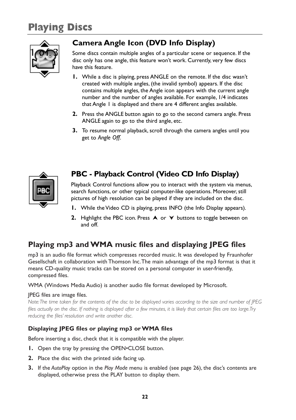 Playing discs, Pbc - playback control (video cd info display), Camera angle icon (dvd info display) | RCA DRC105N User Manual | Page 22 / 40