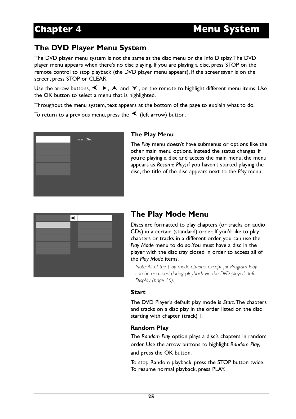 Menu system, Chapter 4, The play mode menu | The dvd player menu system | RCA DRC105N User Manual | Page 25 / 40