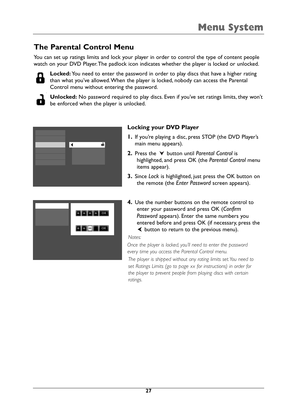 Menu system, The parental control menu | RCA DRC105N User Manual | Page 27 / 40