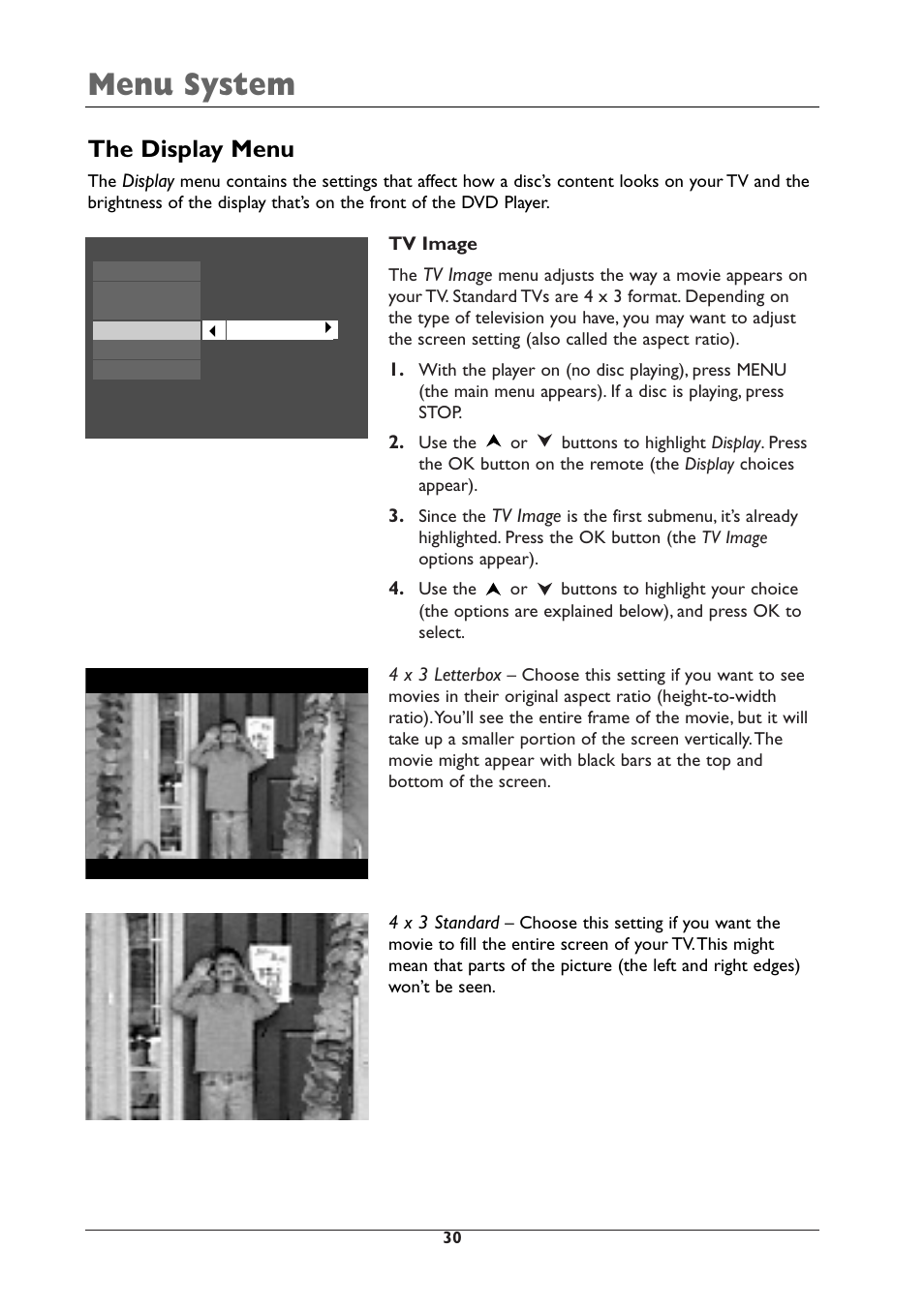 Menu system, The display menu | RCA DRC105N User Manual | Page 30 / 40