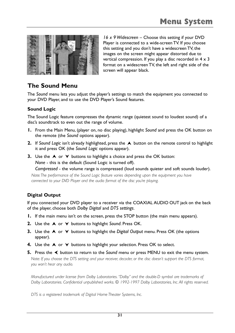 Menu system, The sound menu | RCA DRC105N User Manual | Page 31 / 40