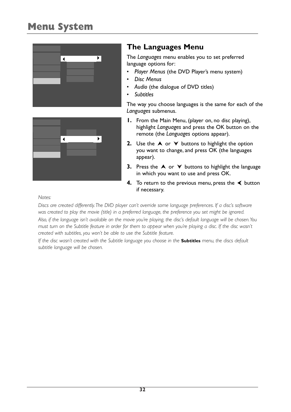 Menu system, The languages menu | RCA DRC105N User Manual | Page 32 / 40