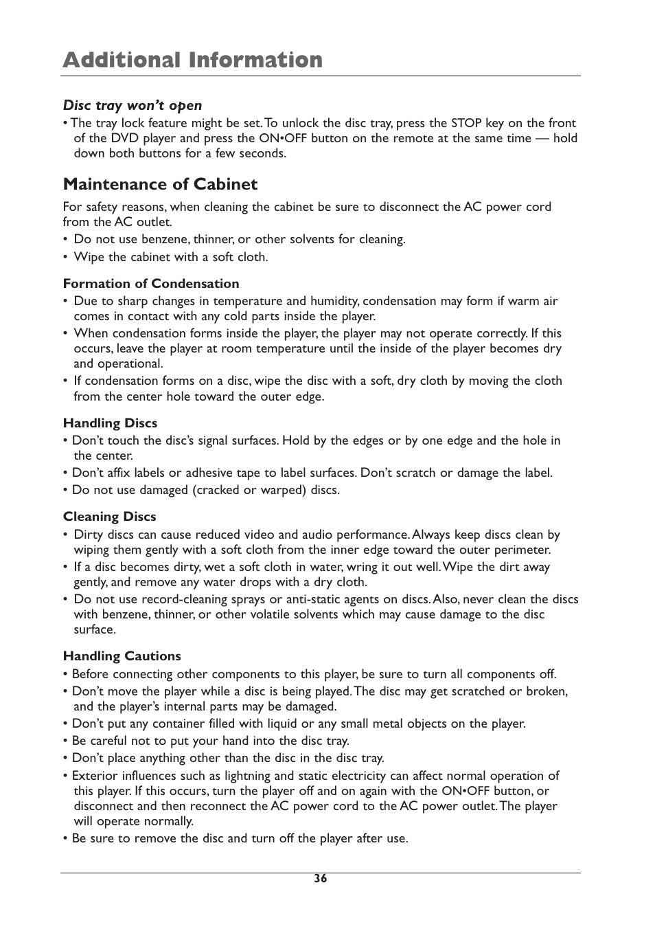 Additional information, Maintenance of cabinet | RCA DRC105N User Manual | Page 36 / 40