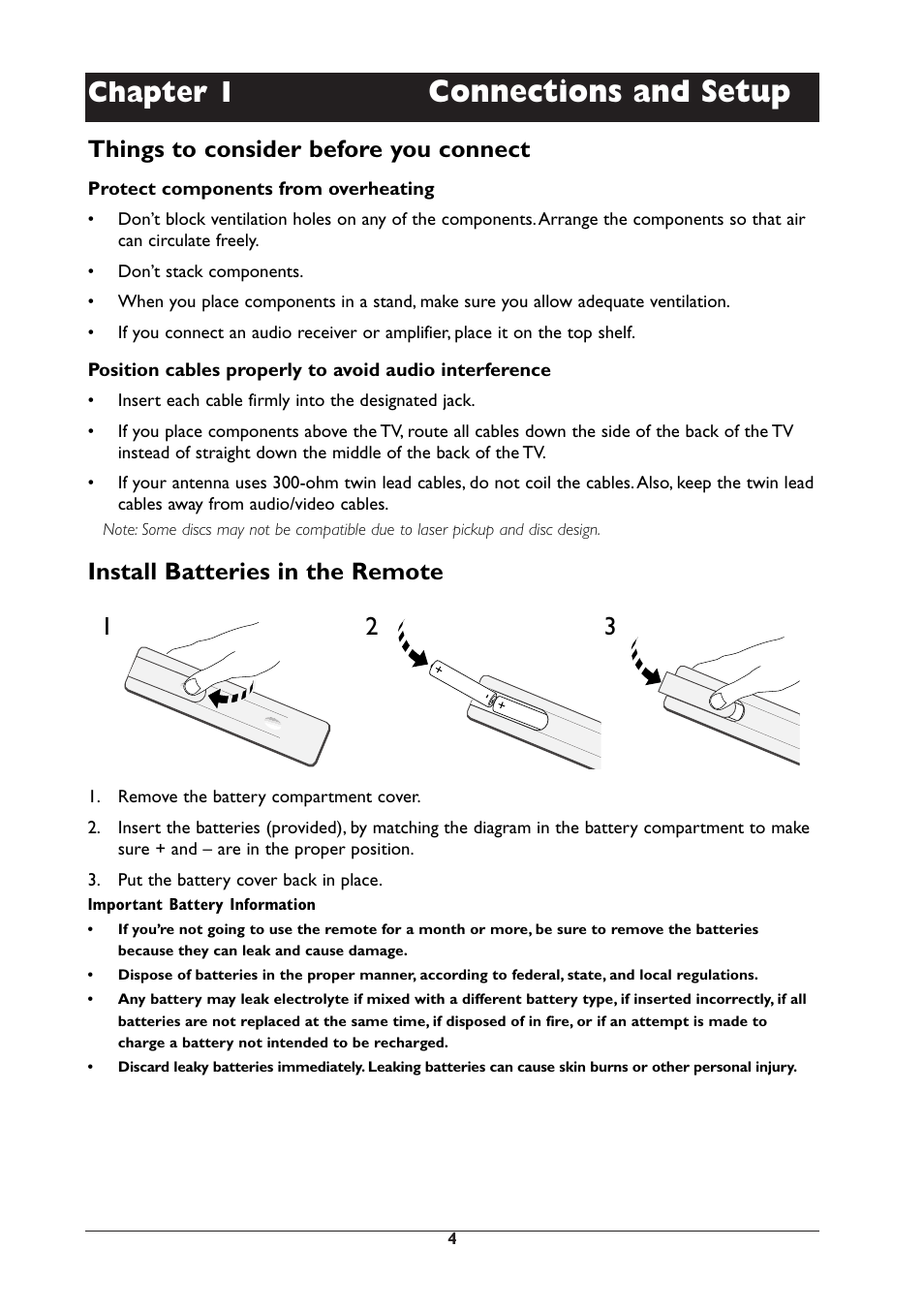 Connections and setup, Chapter 1, Things to consider before you connect | Install batteries in the remote | RCA DRC105N User Manual | Page 4 / 40