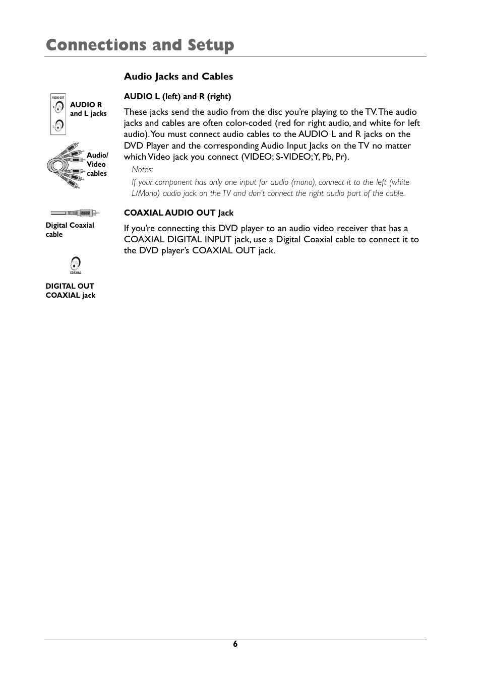 Connections and setup, Audio jacks and cables | RCA DRC105N User Manual | Page 6 / 40