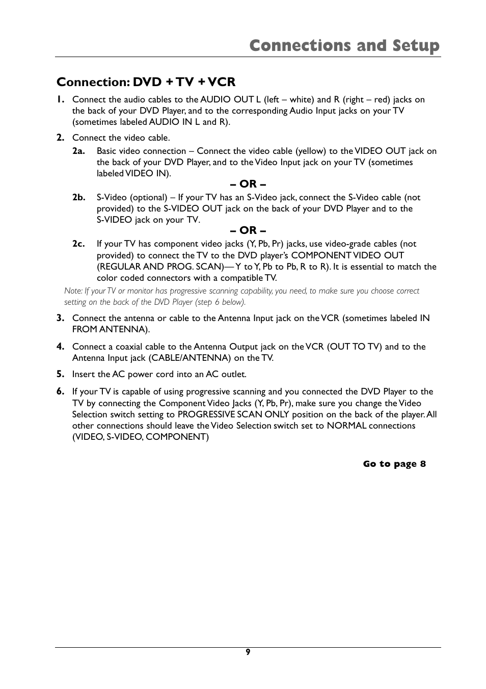 Connections and setup, Connection: dvd + tv + vcr | RCA DRC105N User Manual | Page 9 / 40