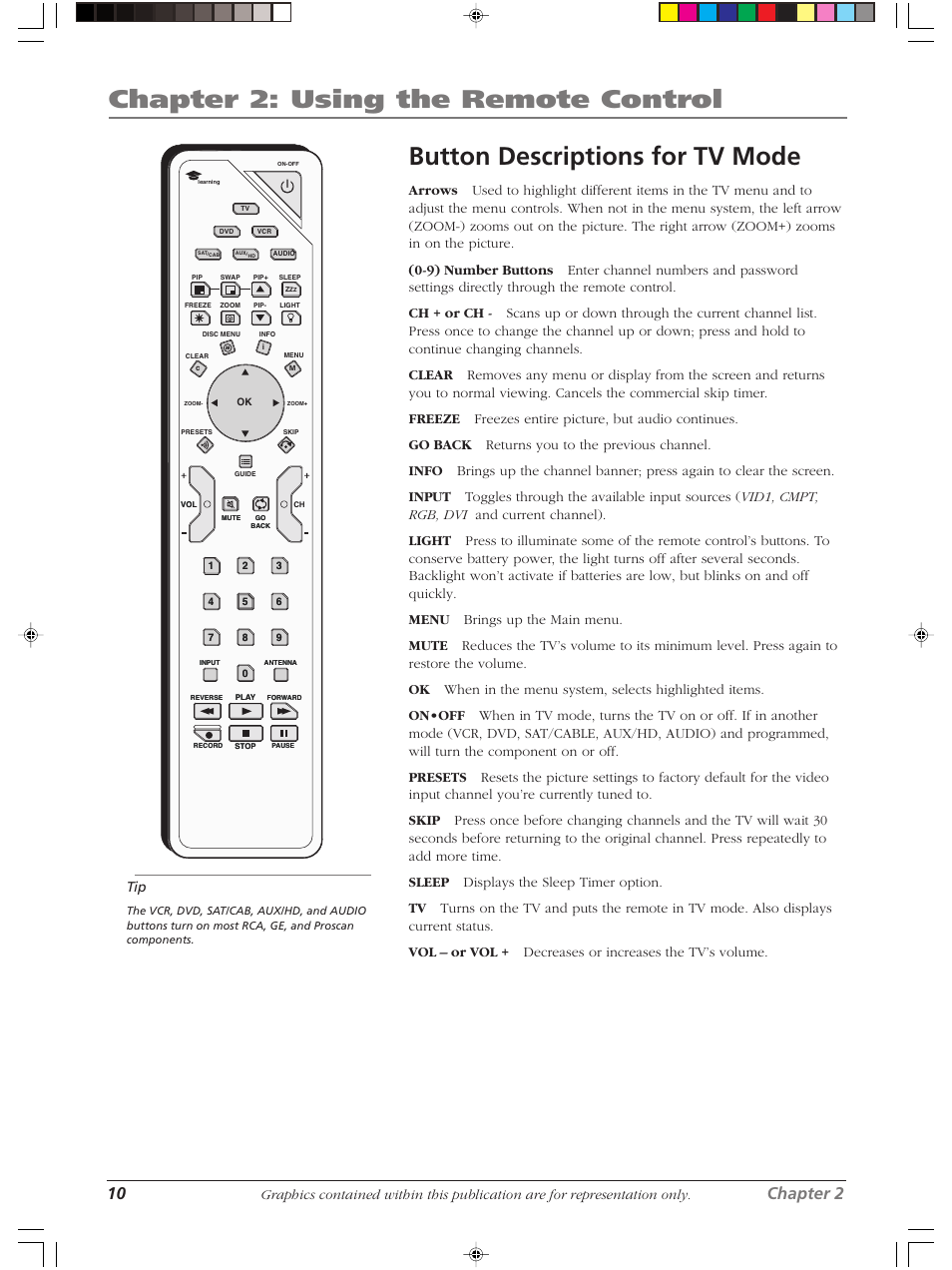 Chapter 2: using the remote control, Button descriptions for tv mode, 10 chapter 2 | RCA Scenium LCDX3022W User Manual | Page 14 / 44