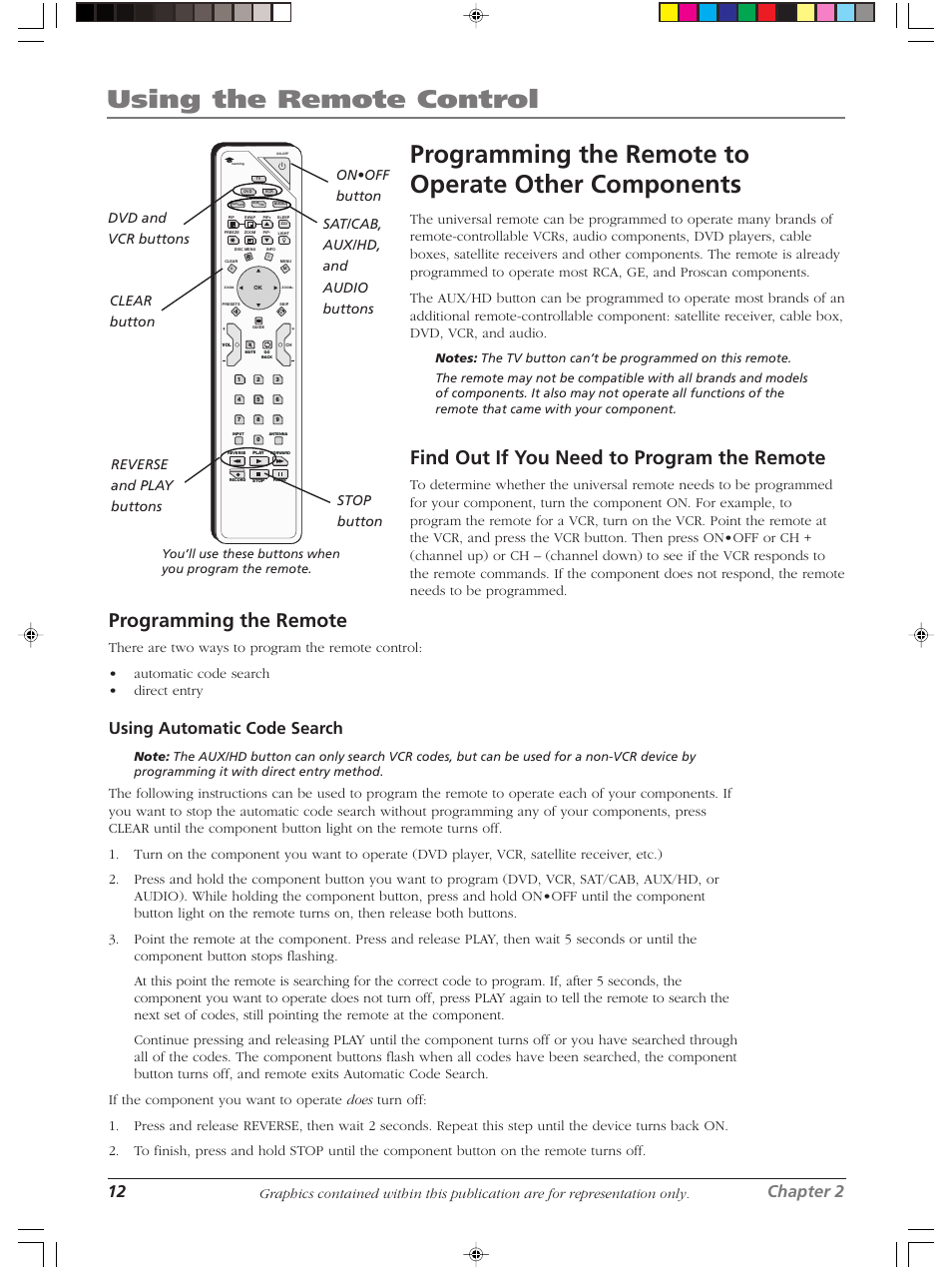 Using the remote control, Programming the remote to operate other components, Find out if you need to program the remote | Programming the remote, 12 chapter 2, Using automatic code search | RCA Scenium LCDX3022W User Manual | Page 16 / 44