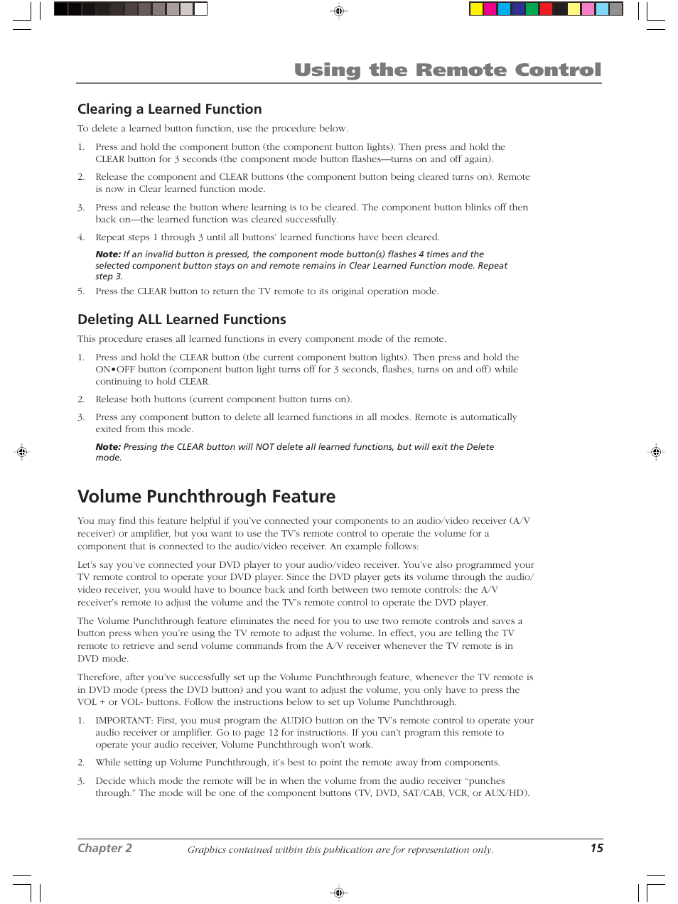 Using the remote control, Volume punchthrough feature, Clearing a learned function | Deleting all learned functions | RCA Scenium LCDX3022W User Manual | Page 19 / 44