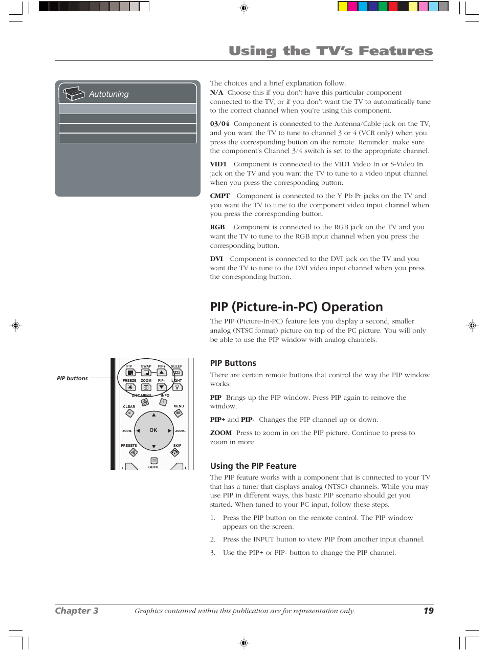 Using the tv’s features, Pip (picture-in-pc) operation, Chapter 3 19 | Pip buttons, Using the pip feature, Autotuning | RCA Scenium LCDX3022W User Manual | Page 23 / 44