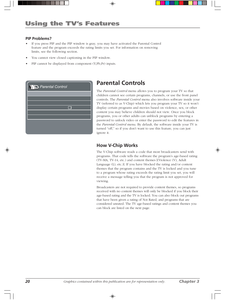 Using the tv’s features, Parental controls, How v-chip works | RCA Scenium LCDX3022W User Manual | Page 24 / 44