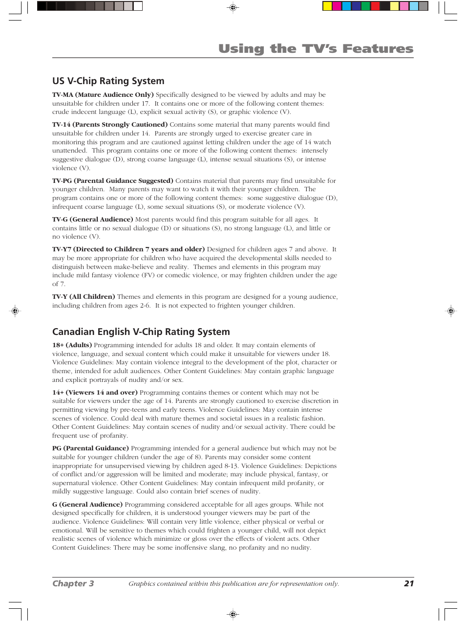 Using the tv’s features, Us v-chip rating system, Canadian english v-chip rating system | RCA Scenium LCDX3022W User Manual | Page 25 / 44