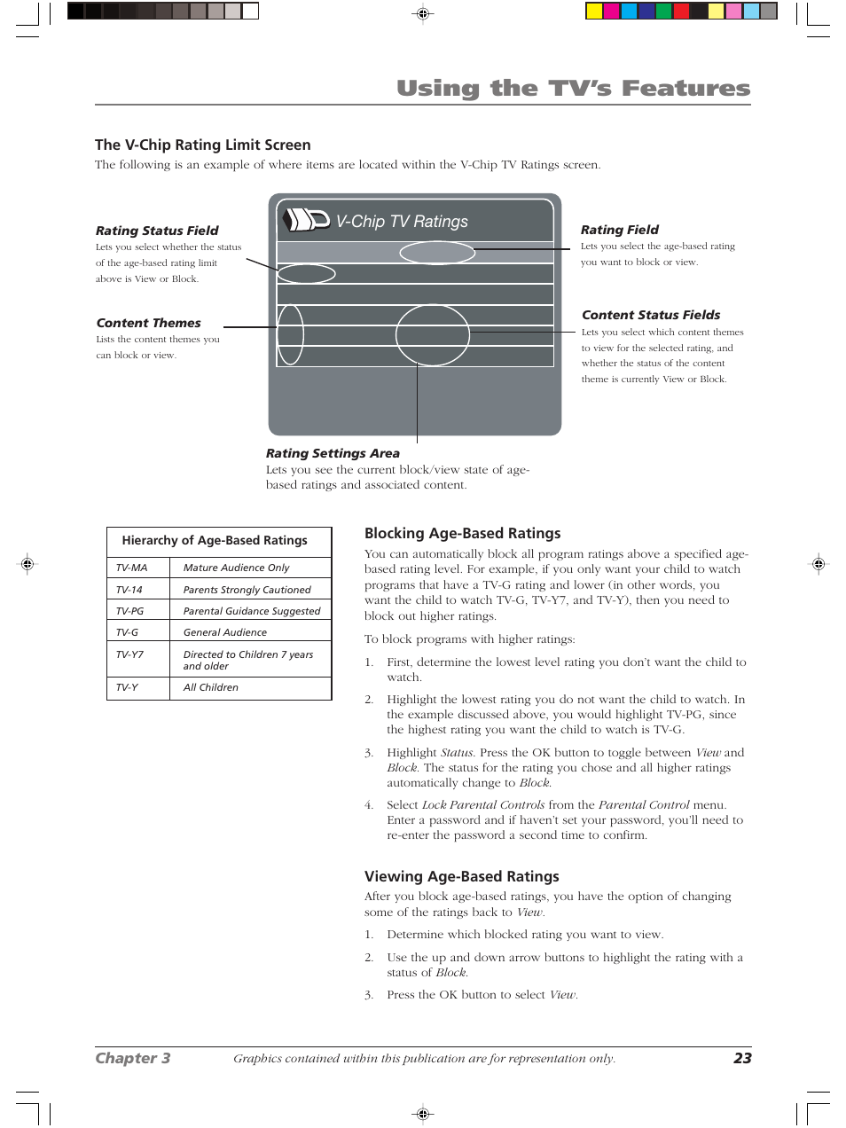 Using the tv’s features, V-chip tv ratings | RCA Scenium LCDX3022W User Manual | Page 27 / 44