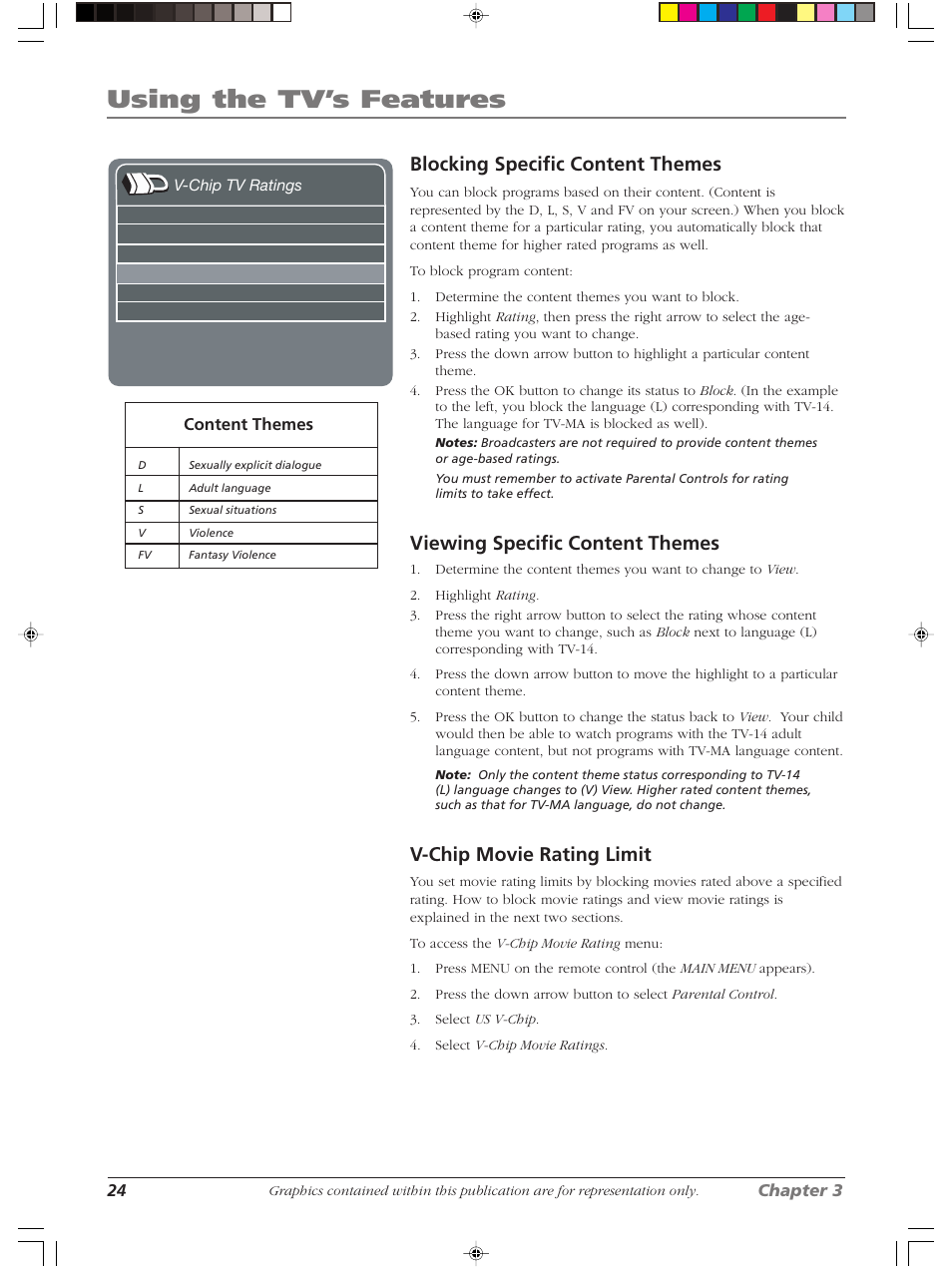 Using the tv’s features, Blocking specific content themes, Viewing specific content themes | V-chip movie rating limit | RCA Scenium LCDX3022W User Manual | Page 28 / 44