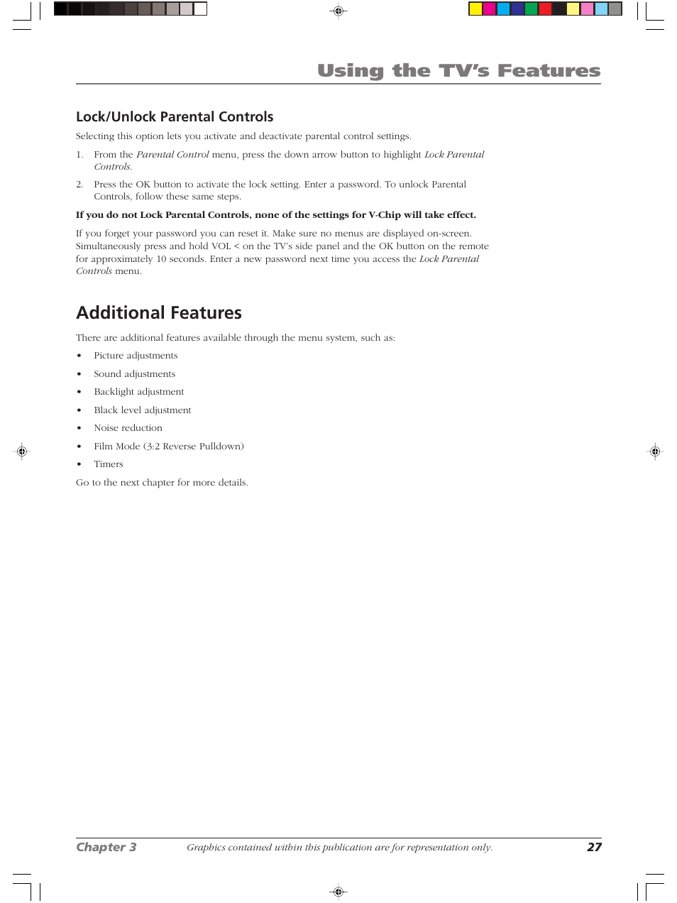 Using the tv’s features, Additional features, Lock/unlock parental controls | RCA Scenium LCDX3022W User Manual | Page 31 / 44