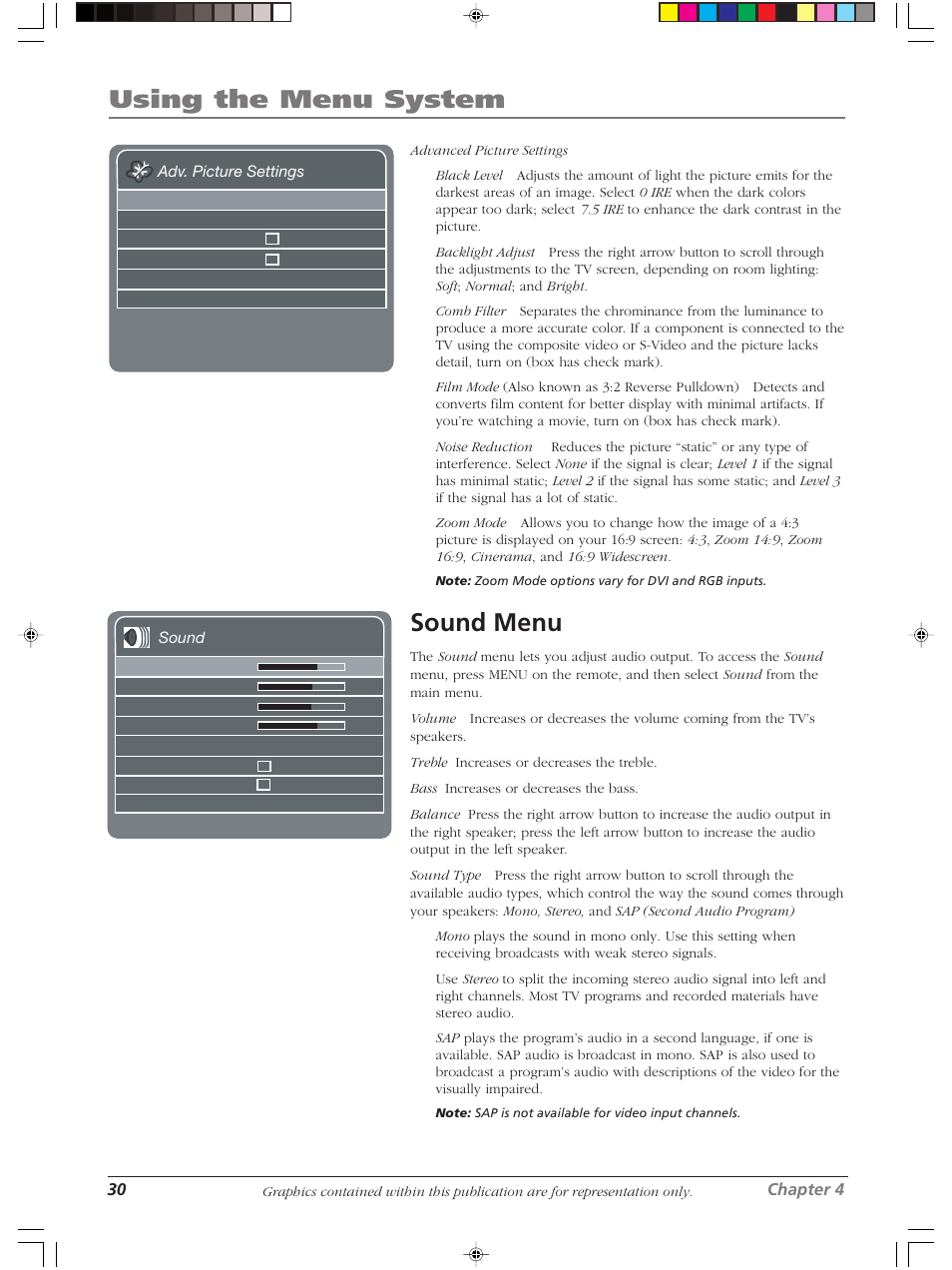 Using the menu system, Sound menu | RCA Scenium LCDX3022W User Manual | Page 34 / 44