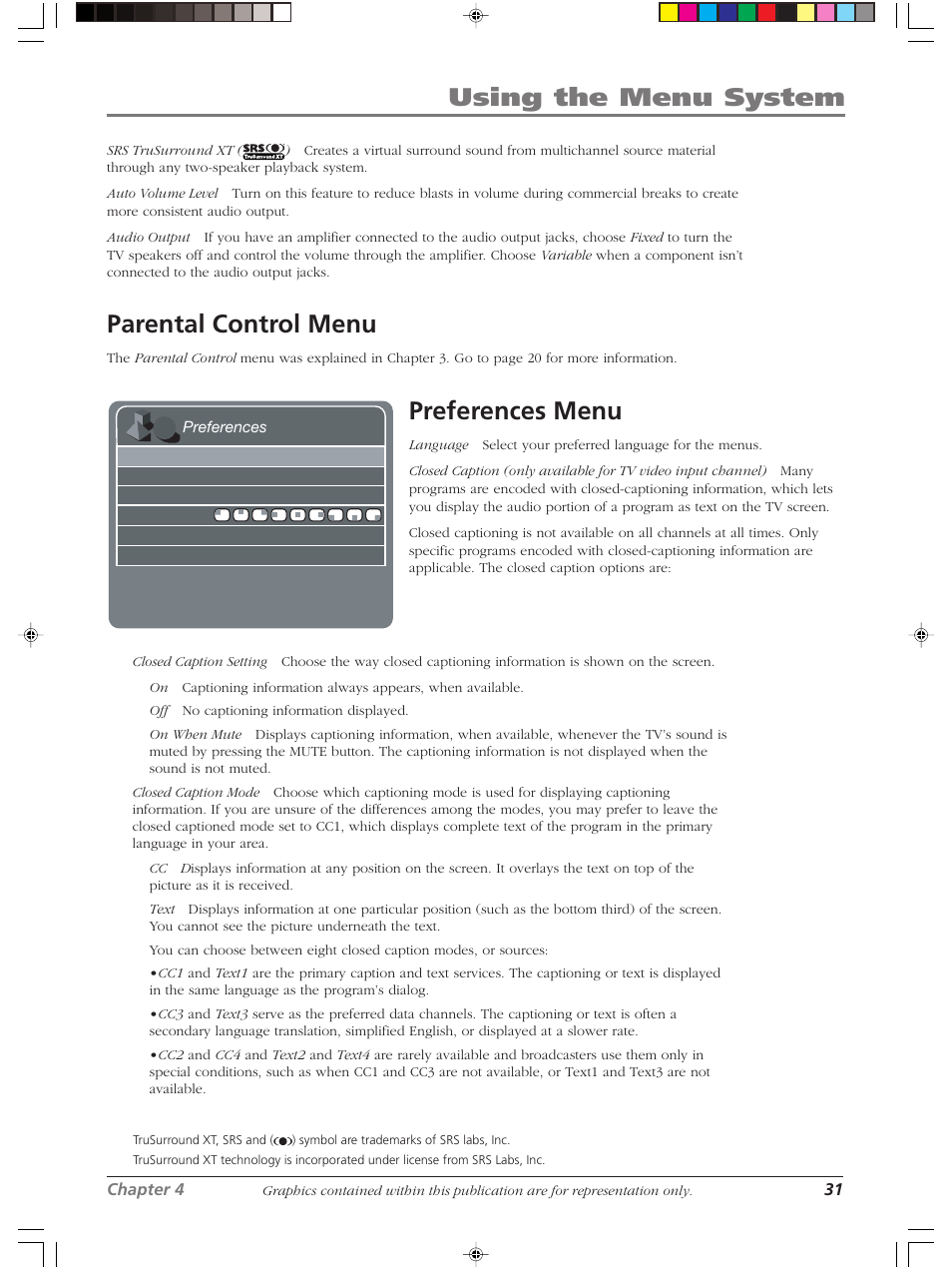 Using the menu system, Parental control menu, Preferences menu | RCA Scenium LCDX3022W User Manual | Page 35 / 44