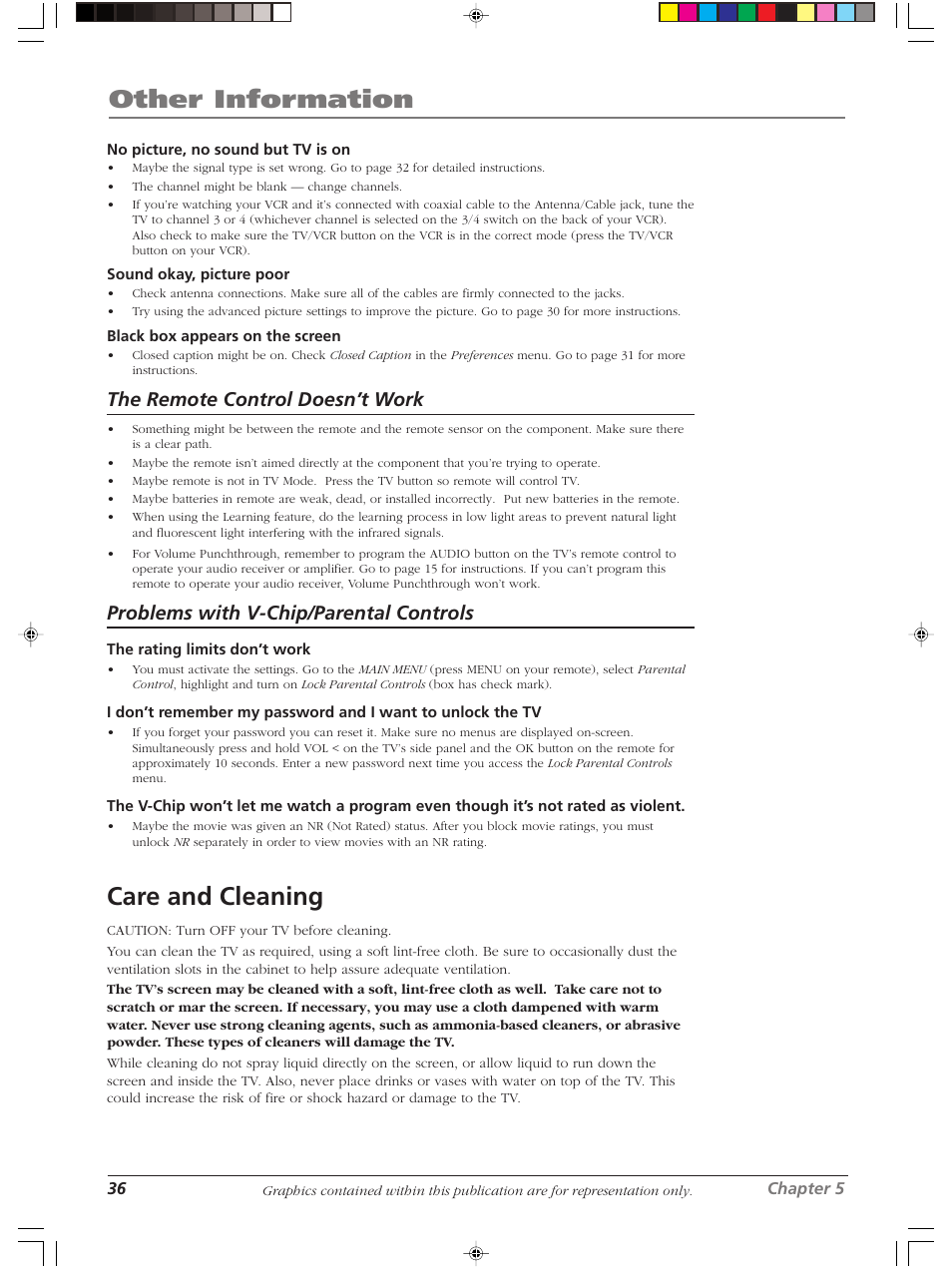 Other information, Care and cleaning, The remote control doesn’t work | Problems with v-chip/parental controls | RCA Scenium LCDX3022W User Manual | Page 40 / 44