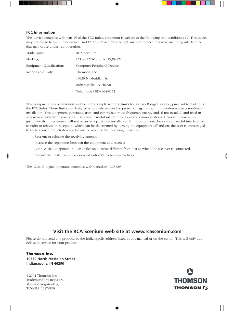 RCA Scenium LCDX3022W User Manual | Page 44 / 44