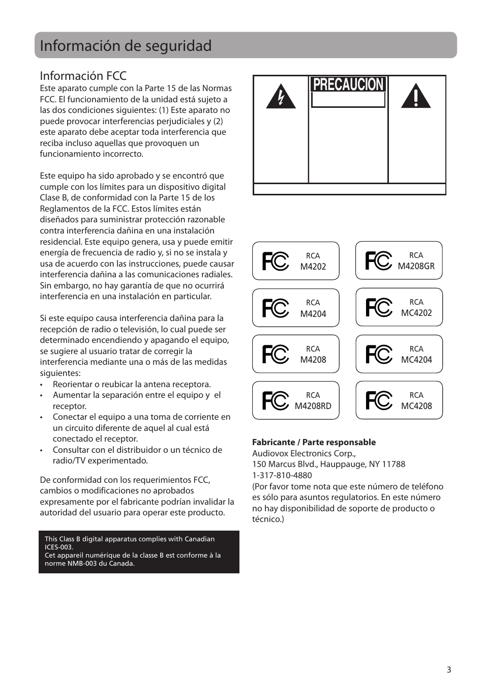 Información de seguridad, Información fcc, Precaucion | Advertencia | RCA MC4204 User Manual | Page 32 / 88