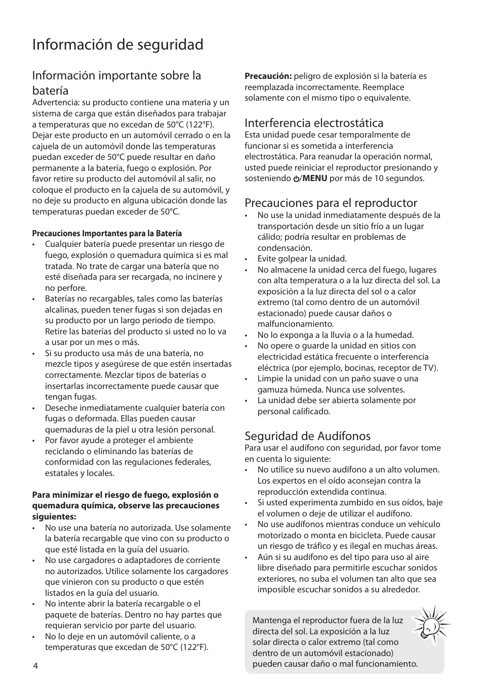 Información importante sobre la batería, Interferencia electrostática, Precauciones para el reproductor | Seguridad de audífonos, Información de seguridad | RCA MC4204 User Manual | Page 33 / 88