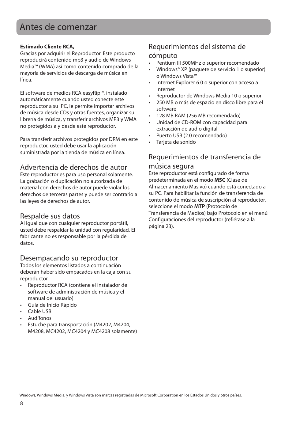 Antes de comenzar, Advertencia de derechos de autor, Respalde sus datos | Desempacando su reproductor, Requerimientos del sistema de cómputo, Requerimientos de transferencia de música segura | RCA MC4204 User Manual | Page 37 / 88