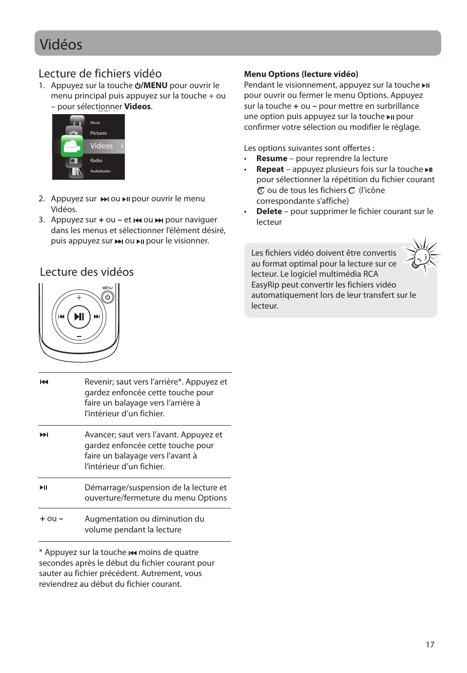 Vidéos, Lecture de fichiers vidéo, Lecture des vidéos | RCA MC4204 User Manual | Page 75 / 88